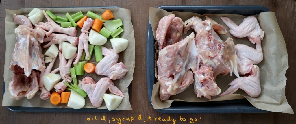 Pans of chicken and vegetables before roasting