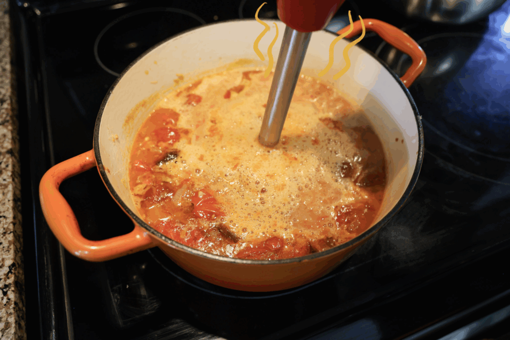 using an immersion blender to blend the tomato soup