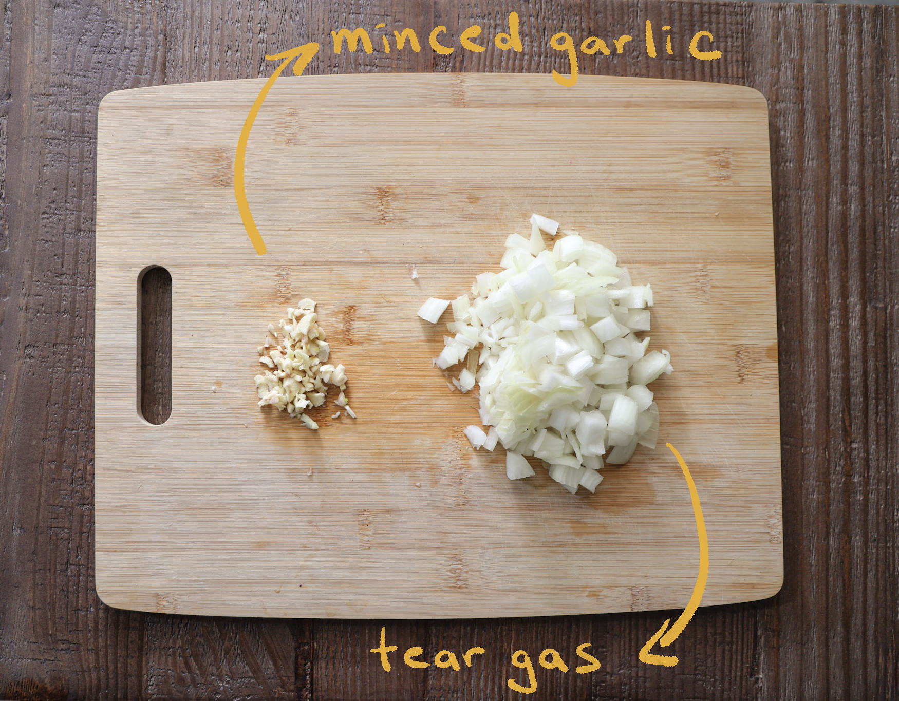chopped up garlic and onion on cutting board chopped up garlic and onion on cutting board