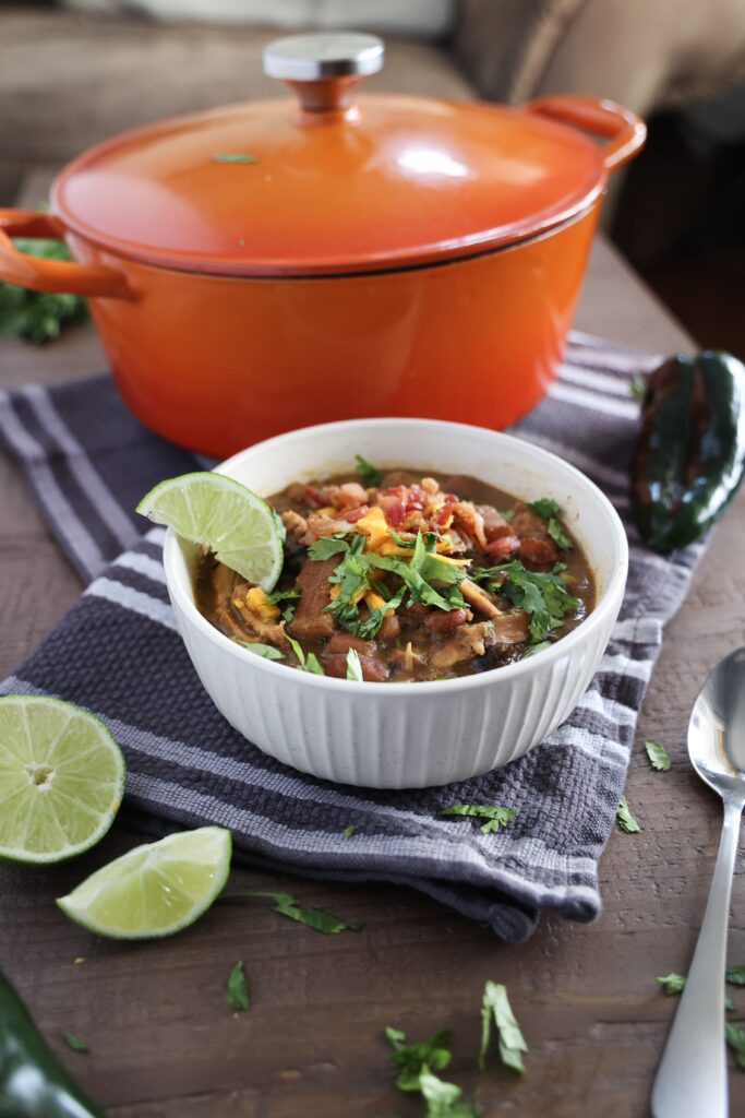 A bowl of white chicken chili