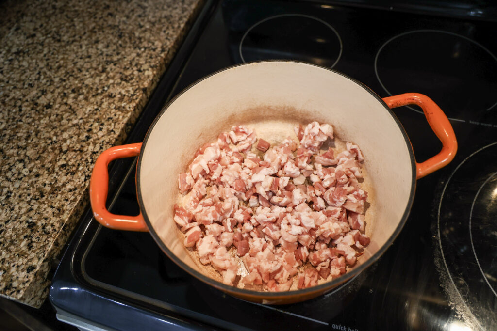 chopped bacon in pot