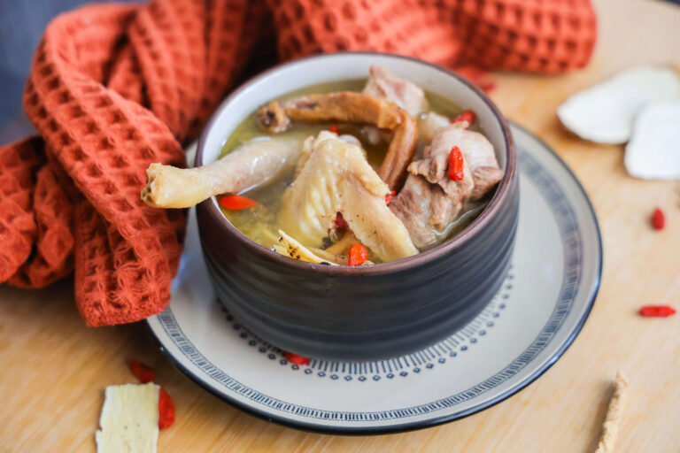 chinese herbal soup with chicken and pork neck bones ready to eat